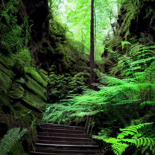 Prompt: fern canyon gorge in oregon, stone stairway, overgrown lush plants, atmospheric, cinematic, by studio ghibli,
