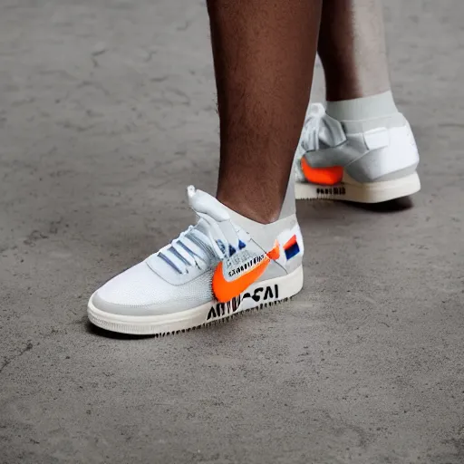 Image similar to a studio photoshoot of Nike Off-white running sneakers designed by Virgil Abloh, soft suede with knitted mesh material, rubber Waffle outsole, realistic, color film photography by Tlyer Mitchell, 35 mm, graflex