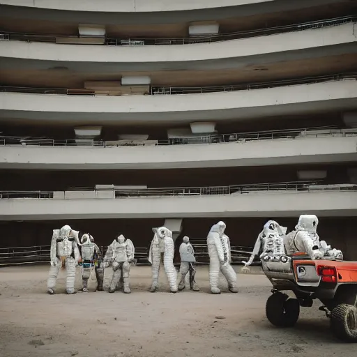 Image similar to full - color year - 2 0 8 0 photo of : a vast retro - futuristic brutalist building on mars, surrounded by citizens in space - suits walking or driving buggies. professional architectural photography.