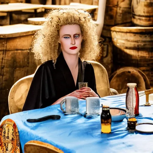 Prompt: a woman sitting at a table covered in empty beer mugs, a beautiful english woman with a long face narrow nose pale skin blue eyes red lips and wild messy tangles of curly white blonde hair, high resolution film still wearing a black robe drinking at a table, sandy, a journey to the west