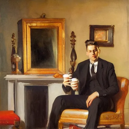 Image similar to man in mirrors room with coffee and black suit by leyendecker and dean cornwell, 5 feet distance from the camera, head on fire