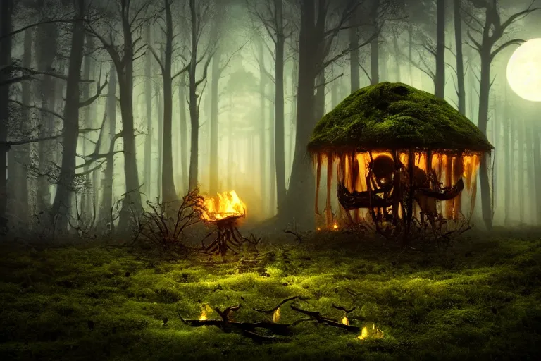 Image similar to a burning human skeleton sitting in foggy forest behind computer at moonlight night, overgrown with moss, dark atmosphere, scary dark fantasy, horror, highly detailed