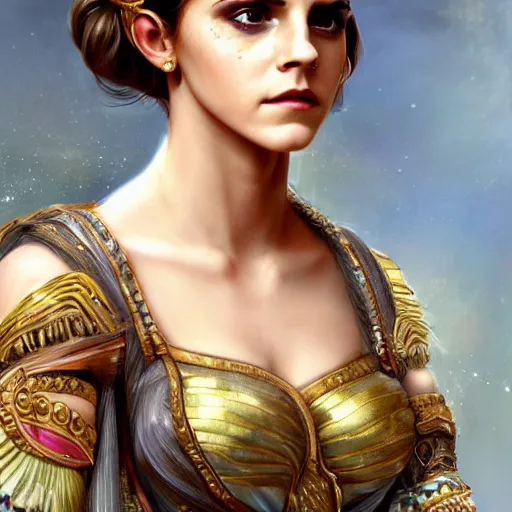 Image similar to Emma Watson as Cleopatra, cute, fantasy, intricate, elegant, highly detailed, digital painting, 4k, HDR, concept art, smooth, sharp focus, illustration, art by artgerm and H R Giger and alphonse mucha