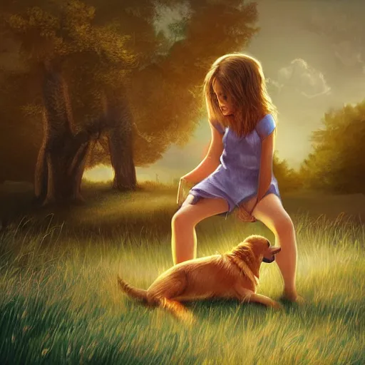 Image similar to semirealistic digital art of a girl playing with a dog, golden hour, detailed