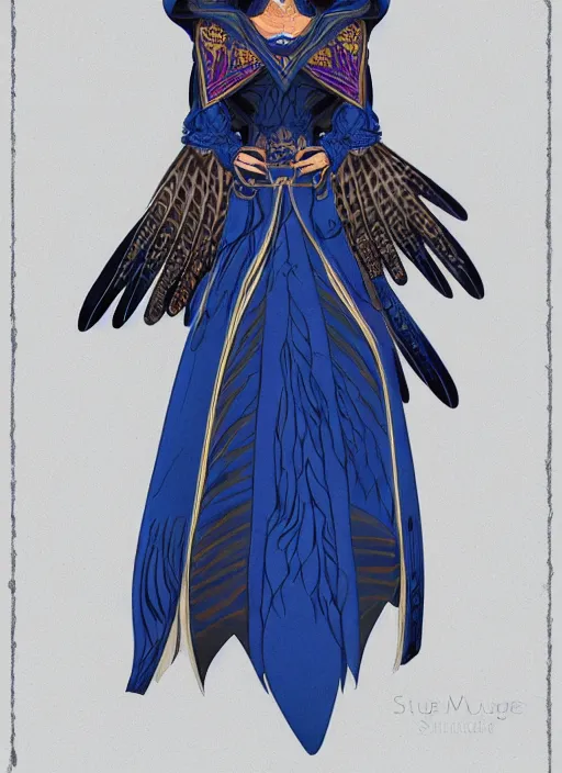 Image similar to hawk and raven headed warlock, wind magic, blue robes, exquisite details, full body character design on a white background, by studio muti