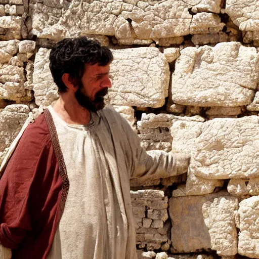 Image similar to award winning cinematic still of 40 year old man in ancient Canaanite clothing building a broken wall in Jerusalem, directed by Steven Spielberg