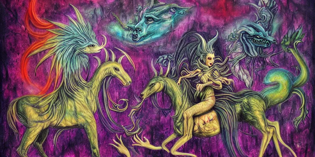 Image similar to mythical creatures and monsters in the imaginal realm of the collective unconscious, surreal mixed media painting by ronny khalil