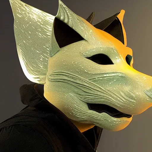 Prompt: a translucent holographic kitsune mask, intricate unreal engine 5 creation, movie still