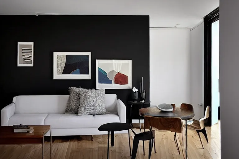 Prompt: “award-winning interior sculpture in an Australian artist’s apartment, black walls”