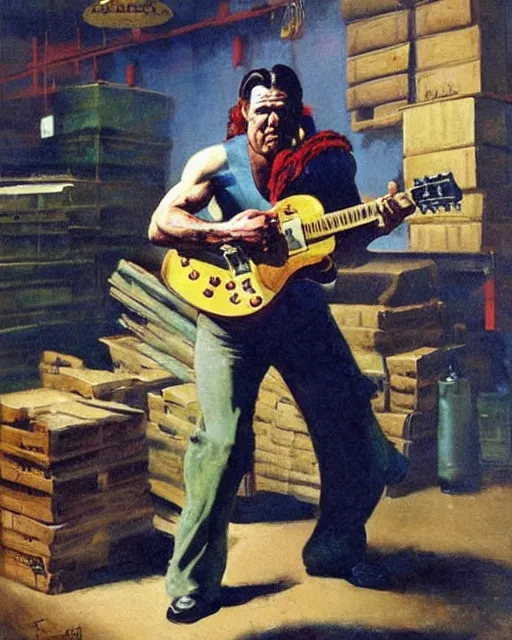 Image similar to muscly grimacing Snake Oil salesman shredding on a Gibson Les Paul in a snake oil warehouse, painting by Frank Frazetta