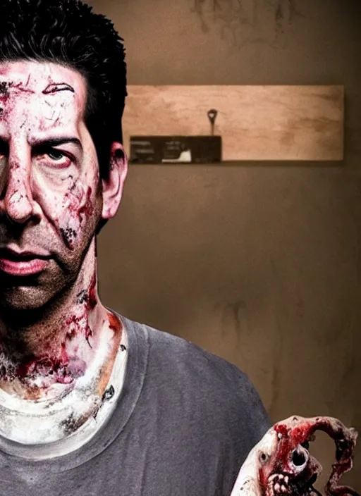 Prompt: david schwimmer becomes an angry zombie, face enhance, realistic, shaun of the dead, izombie, ultra detailed, octane render, lovecraftian, horror, dead space, the walking dead