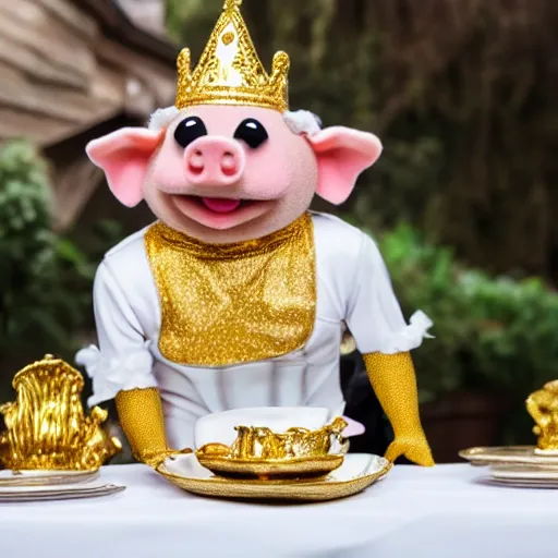 Image similar to pig waiter wearing a gold crown as a Muppet holding a silver platter 8k