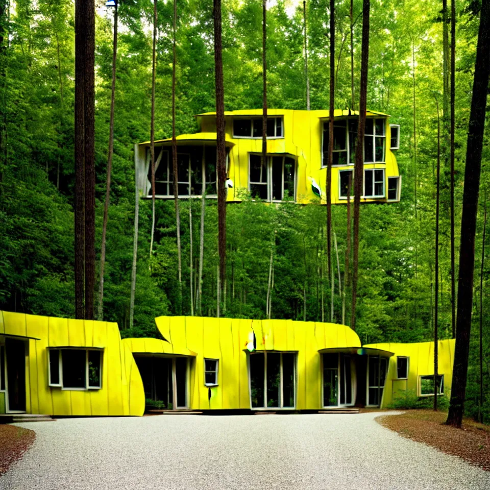 Image similar to a gravel road leading to a mid-century modern house with large windows in a forest, designed by Frank Gehry. Big tiles. Film grain, cinematic, yellow hue