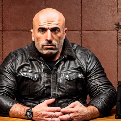 Prompt: a grizzly bear wearing a leather jacket on the joe rogan podcast