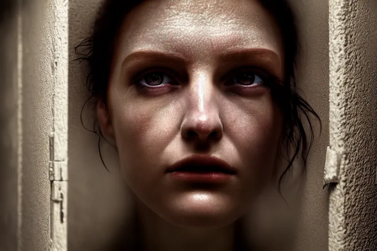 Image similar to an ultra realistic, cinematic, close up portrait, of a young woman, fire, dramatic, soft light, dreamy, facial features, stood in a cell, with prison clothing, detailed, deep focus, movie still, dramatic lighting, ray tracing, by michal karcz and yoshitaka and david cronenberg