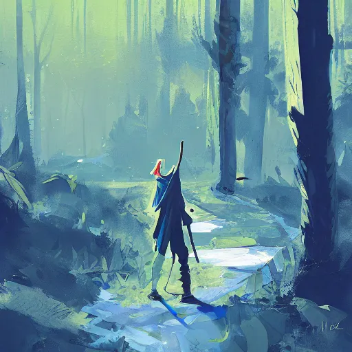 Prompt: medium shot painting of a blue - skinned wizard in a forest, by ismail inceoglu