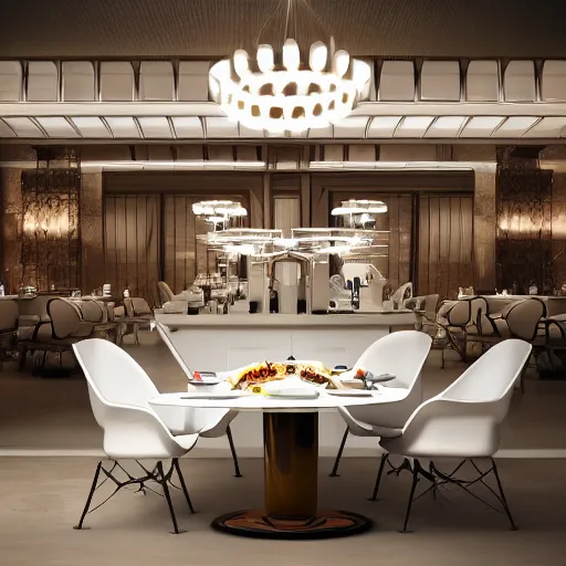 Image similar to three large white glossy kuka industrial robot arms on the floor around a dinner table, the robot arms are wearing bow ties, they are having dinner inside a fine dining restaurant with mid century modern furniture and decor, global illumination, artstation, fantasy