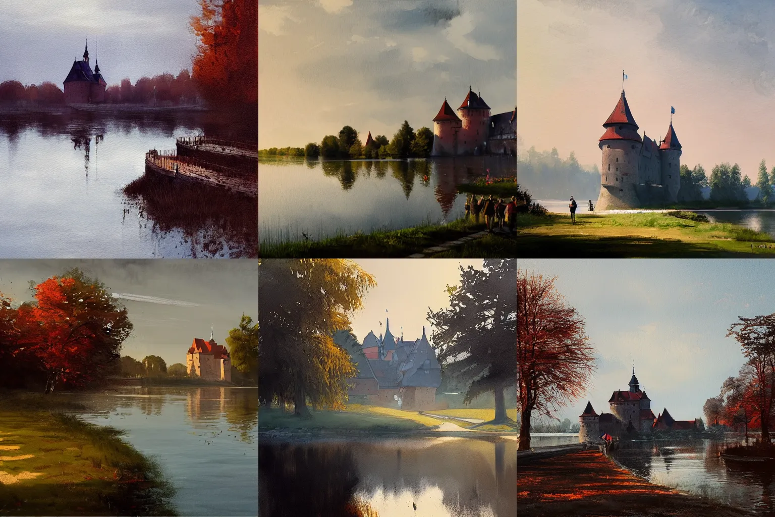 Prompt: trakai castle in the early morning, jakub rozalski, painting, watercolored, artstation