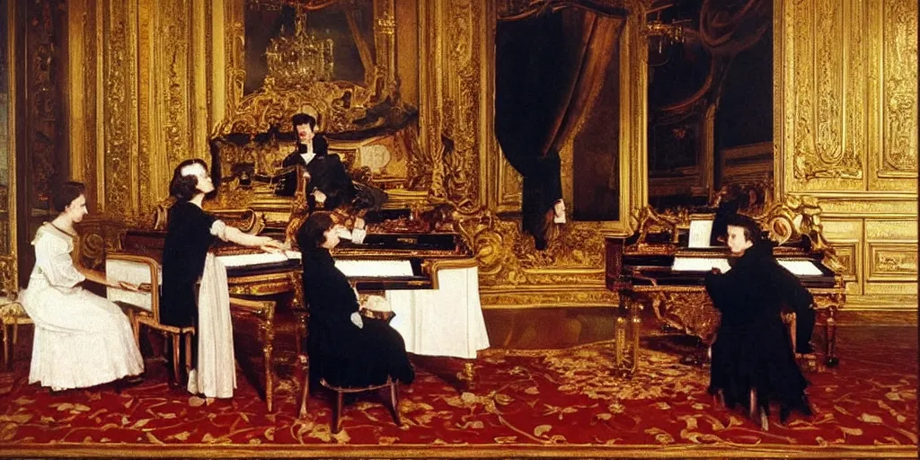 Prompt: rene francois guilland - margret watching ludwig van beethoven play the piano at the goldener saal in vienna