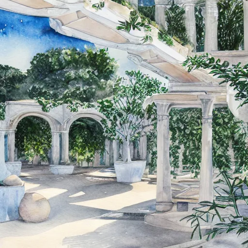 Image similar to delicate marble garden on jupiter's moon, beach volleyball babes, botanic watercolors, iridescent, 8 k wide angle, realistic shaded, fine details, artstation, italian, colonnade, oak tree, hydrangea, gardena architecture, party atmosphere