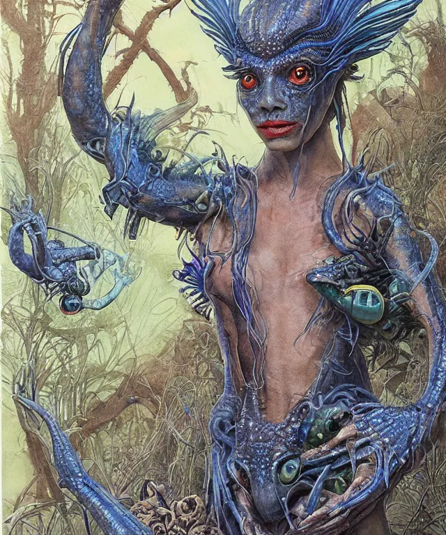 Prompt: a portrait photograph of a fierce sadie sink as an alien harpy queen with blue slimy amphibian skin. she is trying on evil bulbous slimy organic membrane fetish fashion and transforming into a fiery succubus amphibian slug. by donato giancola, walton ford, ernst haeckel, brian froud, hr giger. 8 k, cgsociety