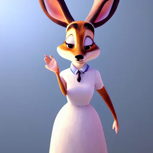 Image similar to portrait, 3 d render, tall, little fat, anthropomorphic female deer, wearing along white dress, in the style of zootopia,