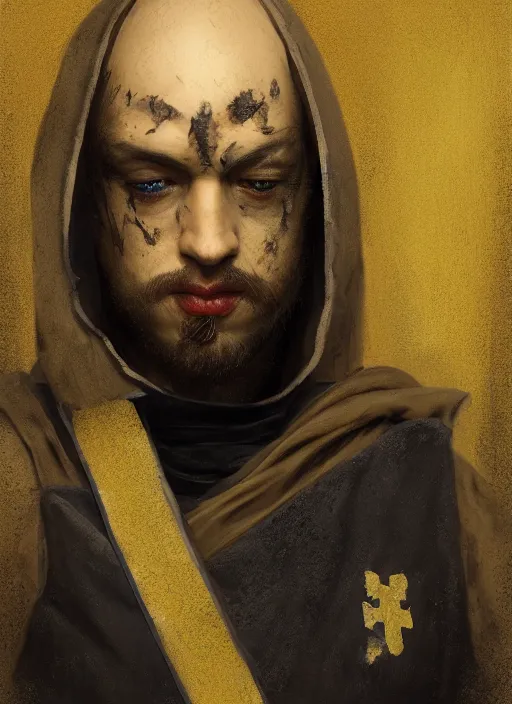 Image similar to Medium closeup Sam Hyde, idealistic and pious male Imperial soldier wearing a black tabard with light yellow accents over a gambeson and a steel open helm, by Raymond Swanland Greg Rutkowski Lise Deharm, {perfect face}, {perfect eyes}