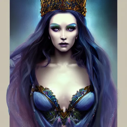 Prompt: detailed portrait of a dark fairy queen , realism, pale blue, emerald, sapphire,dark purple crown,leaves, moonlit, dark fantasy, dramatic lighting, cgsociety, artstation