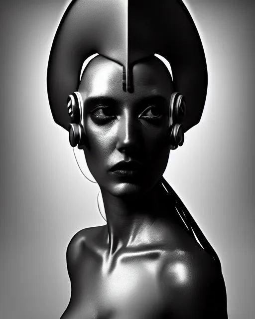 Image similar to surreal mythical dreamy dark artistic black and white fine art photo of a female - orchid - bird - cyborg bust, rim light, cinematic, studio dramatic light, poetic, octane render, 8 k, photo - realistic