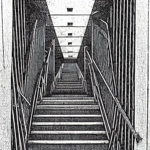 Image similar to a terrifying dark hallway with many doors and many stairs, impending doom, Mc Escher architecture, epic composition, by Junji Ito