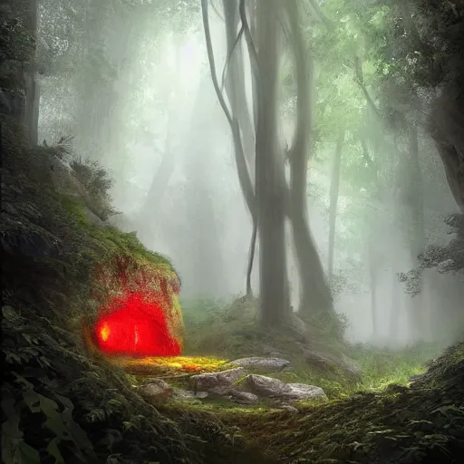 Image similar to (((red glow))) coming from cave entrance in ethereal lush forest with mystical ambiance and fog, desaturated, realistic, sharp focus, highly detailed, by artgerm