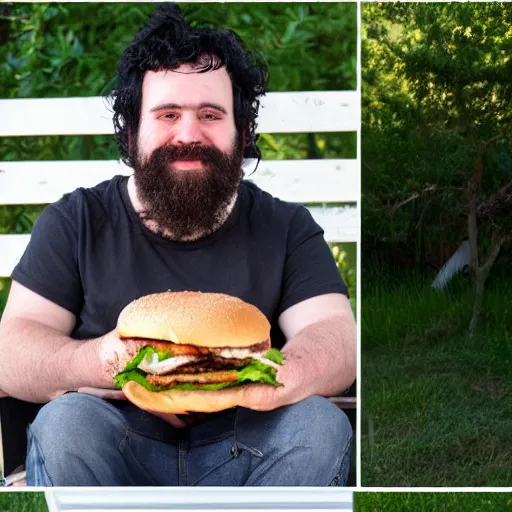 Prompt: heavy 2 0 year old, messy black hair, big beard, eating burgers, chicken nuggets, back porch table