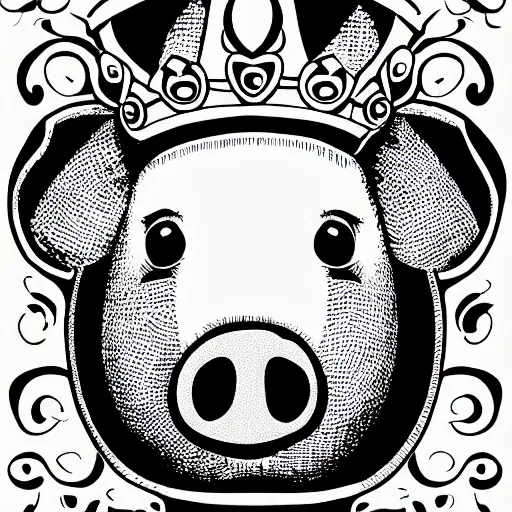 Image similar to black and white illustration of a pig wearing a gold crown in the style of oliver hibert
