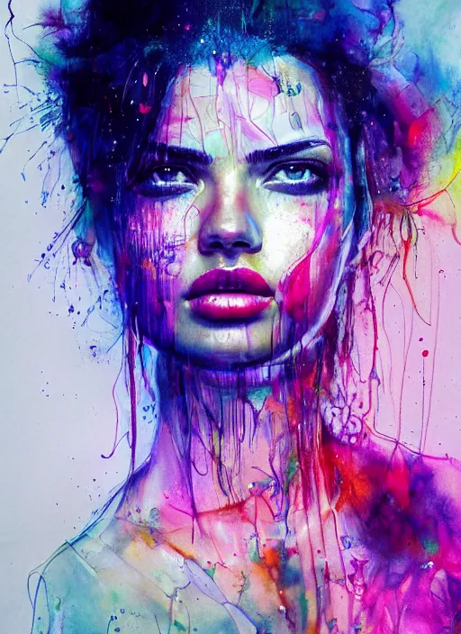 Image similar to adriana lima by agnes cecile enki bilal moebius, intricated details, sitting on a stool, full body portrait, extremely luminous bright design, pastel colours, drips, autumn lights