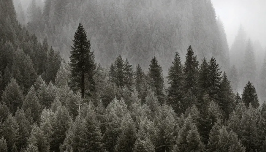 Image similar to tyrolean farmer transforming into a tree, alpine forest, dolomites, muted, bleak, funereal, somber, melancholic, mournful, gloomy, dismal, sad, pale, washed-out, desaturated, grey, subdued, dull, dreary, depressing, weary, tired