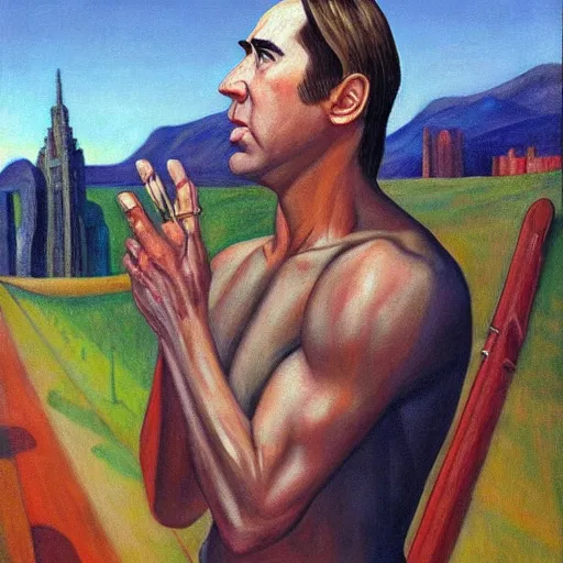 Prompt: nicolas cage as triumphant sweaty muscular centaur with a halo, dystopian, pj crook, edward hopper, oil on canvas