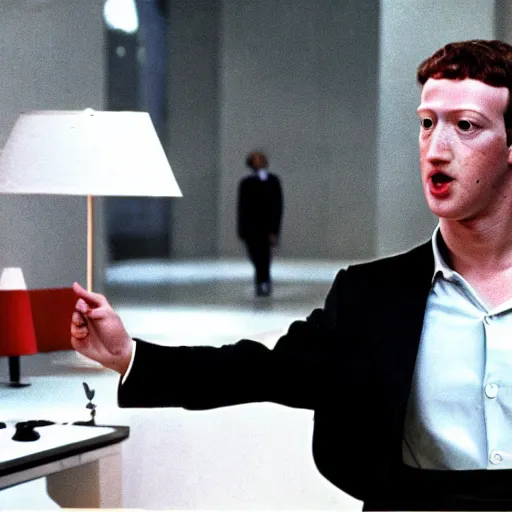 Image similar to Mark Zuckerberg as an evil supervillian in a movie, 1980s