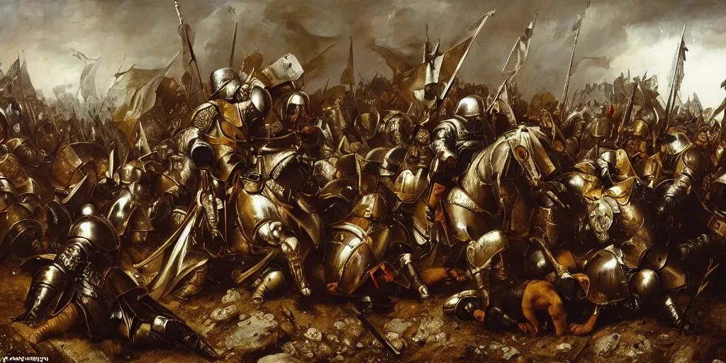 Image similar to teutonic knights victorious in the battle of grunwald, painted by jan matejko and grzegorz rutkowski. oil on canvas, sharp focus, cinematic atmosphere, detailed and intricate, perfect anatomy, detailed and intricate environment and characters