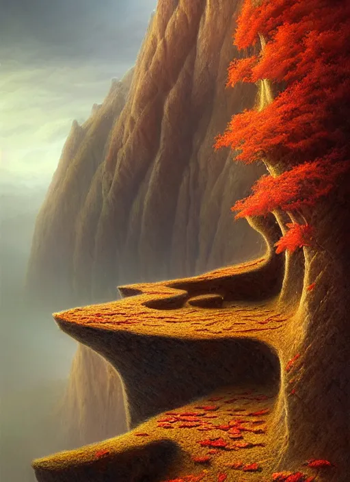Image similar to autumn mornings in the low - poly cliffs of illusions, diffuse lighting, fantasy, intricate, surrealism!!!!, highly detailed, lifelike, photorealistic, digital painting, artstation, illustration, concept art, smooth, sharp focus, by greg rutkowski, chris tulloch mccabe, valentina remenar and asher duran,
