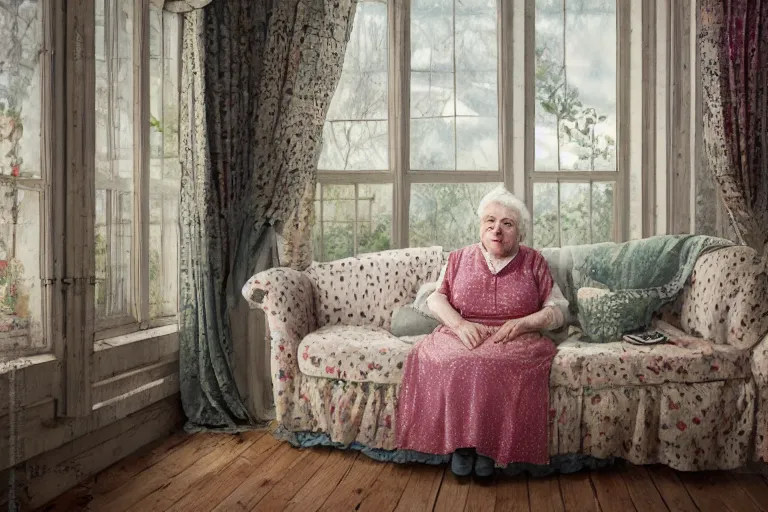 Image similar to charming and chubby old lady, wearing a polka dot cloths and a victorian - style hairdo, lye on the fancy sofa, in the large and bright studio. sunlight enters through the barred window. delicate watercolor and pencil on canvas. beautiful lighting, 4 k post - processing, highly detailed, 5 k extremely detailed, 3 d. cinematic scene.