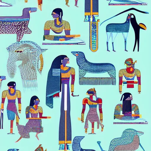 Image similar to illustration of to pout, in colors egyptian # 1 1 3 4 a 6, maya # 7 3 c 2 fb, cornflower # 6 6 9 3 fs, mint 9 8 fb 9 8, pine # 0 1 7 9 6 f, by studio multi and victo ngai