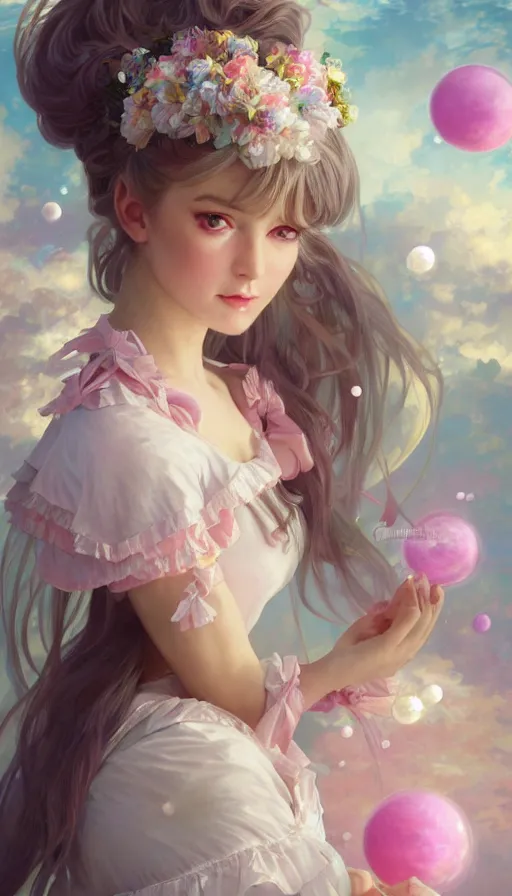 Image similar to portrait of magical lolita girl, dreamy and ethereal, expressive pose, pink eyes, peaceful expression, ornate frilly dress, fantasy, intricate, elegant, many rainbow bubbles, highly detailed, digital painting, artstation, concept art, smooth, sharp focus, illustration, art by artgerm and greg rutkowski and alphonse mucha