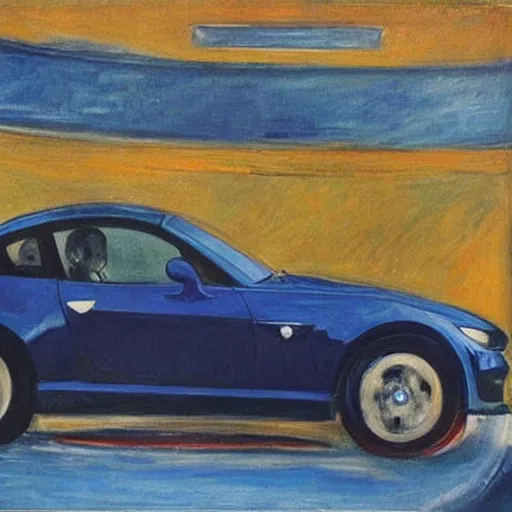 Image similar to “Painting of a dark blue BMW Z3 by Edvard Munch, oil on canvas”