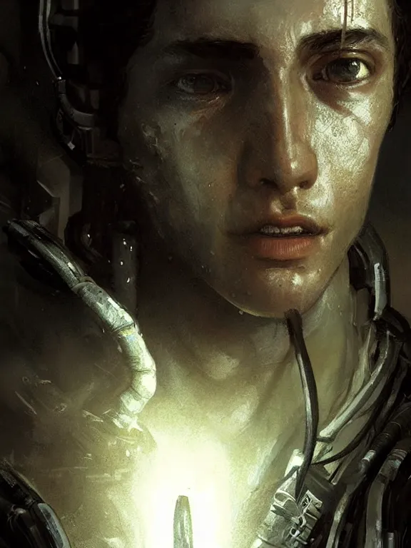 Prompt: portrait of a young male android from alien isolation, art by ryo shiotani and greg rutkowski, intricate, beautiful, cute, cinematic lighting, vintage art by serge ivanoff, high resolution, very detailed