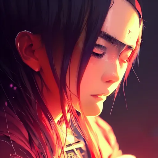 Image similar to by kyoto animation, cool girl wearing cyberpunk intricate streetwear, beautiful, detailed symmetrical close up portrait, intricate complexity, in the style of artgerm and ilya kuvshinov, cell shaded, 4 k, concept art, by wlop, krenz cushart, greg rutkowski, pixiv. cinematic dramatic atmosphere, cinematic lighting, studio quality