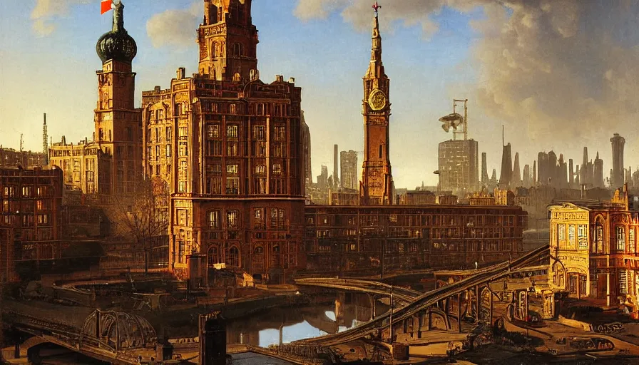 Image similar to Victorian England soviet city with flying cars and cyberpunk, made by Hubert van Eyck, Georges de La Tour, Élisabeth Vigée Le Brun, Jacques-Louis David