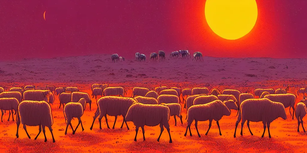 Prompt: an masai warrai guarding a herd of sheep in a large arid plain, surrounded by alien creatures while the orange sun sets. by dan mumford.