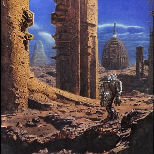 Image similar to sardaukar warrior in mars ancient ruins, vintage sci - fi art, by bruce pennington