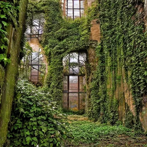 Image similar to Beautiful Landscape art of a ancient futuristic looking civilization, urbex, abandonned buildings, ivy creeping around technology