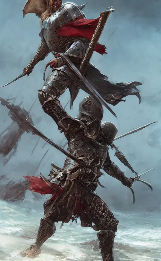 Prompt: medieval knight cutting through a pirate body on a bloody shore, front game card, drark, marvel comics, dark, intricate, highly detailed, smooth, artstation, digital illustration by ruan jia and mandy jurgens and artgerm and wayne barlowe and greg rutkowski and zdislav beksinski